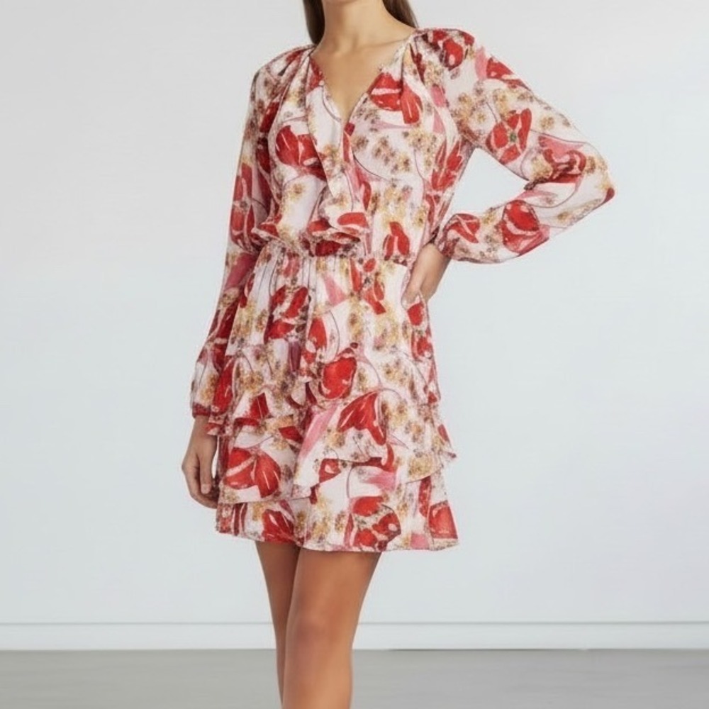 Parker Bertie Silk Blouson A-Line Dress Floral Boho Resort Wear Balloon Sleeve L